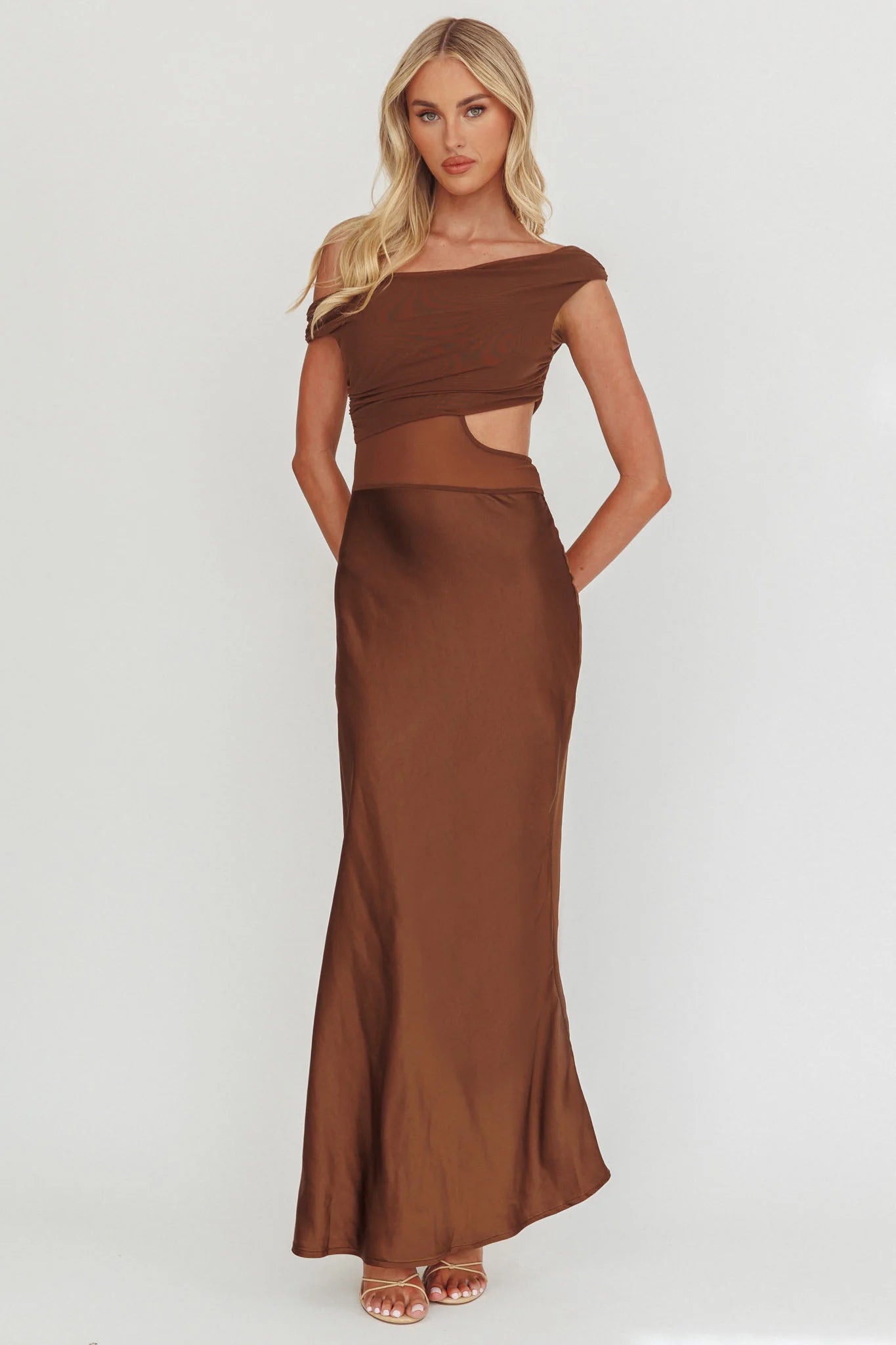 In Blooms Mesh Bodice Maxi Dress Chocolate