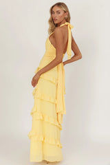 Flirt Frill Trim Halter Maxi Dress Lemon