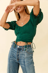 Bright Side Puff Sleeve Ruched Crop Top Forest Green