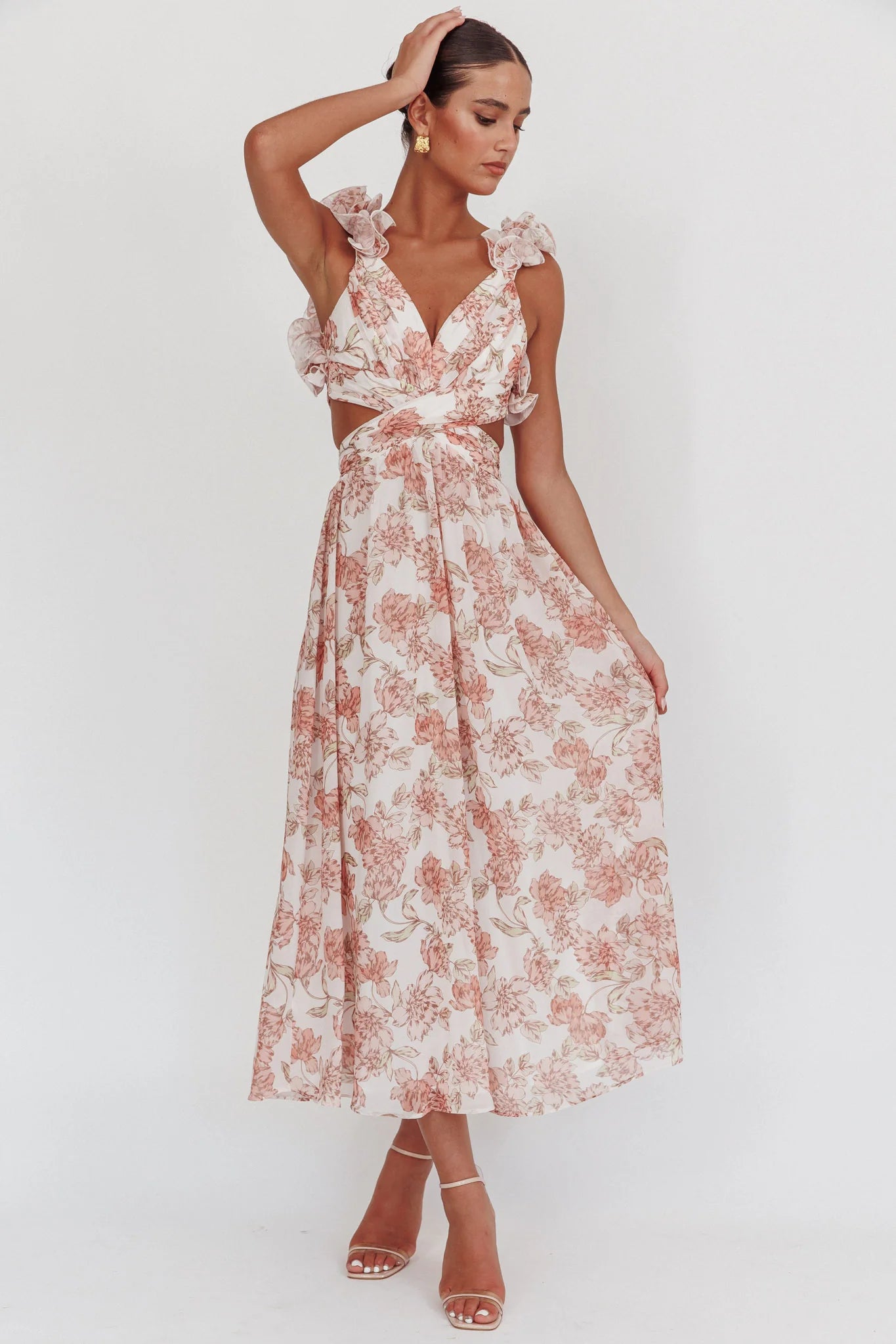 Doe Eyes Lace-Up Back Maxi Dress Floral Peach