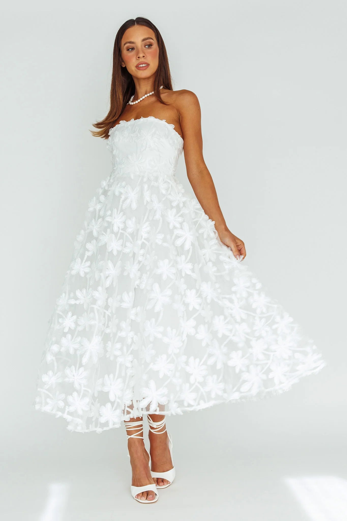 Dori Floral Embellished Midi Dress White