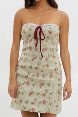 C'est Belle Strapless Lace Trim Mini Dress Beige Floral