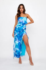 Crush On You Split Ruffle Midi Dress Blue