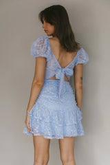 Annabella Puff Sleeve Tied Back Lace Dress Blue