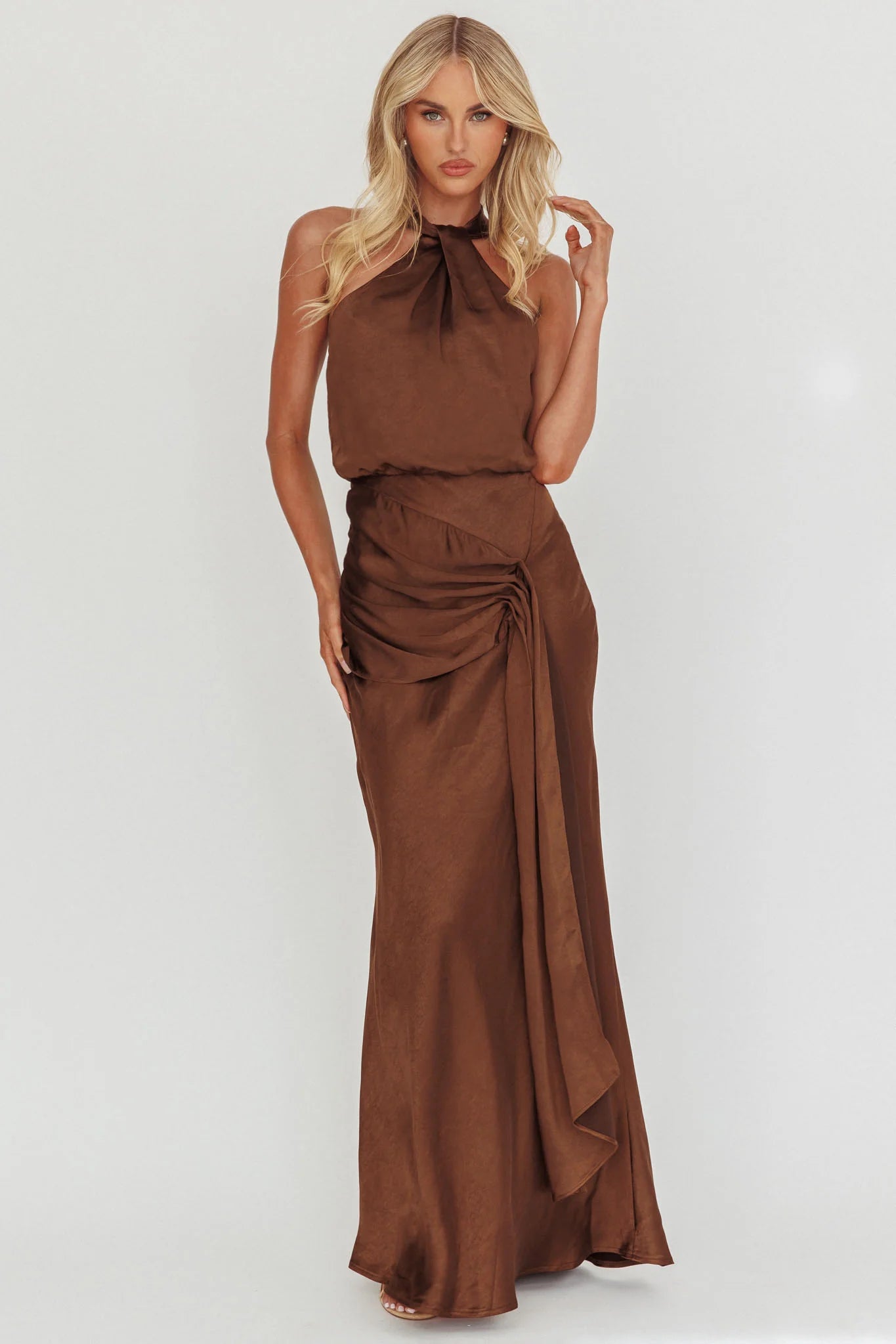 Linette Halterneck Draped Sash Maxi Dress Chocolate