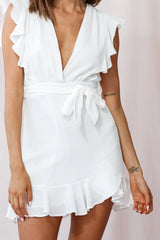 Best Life Ruffle Shoulder Keyhole Back Dress White