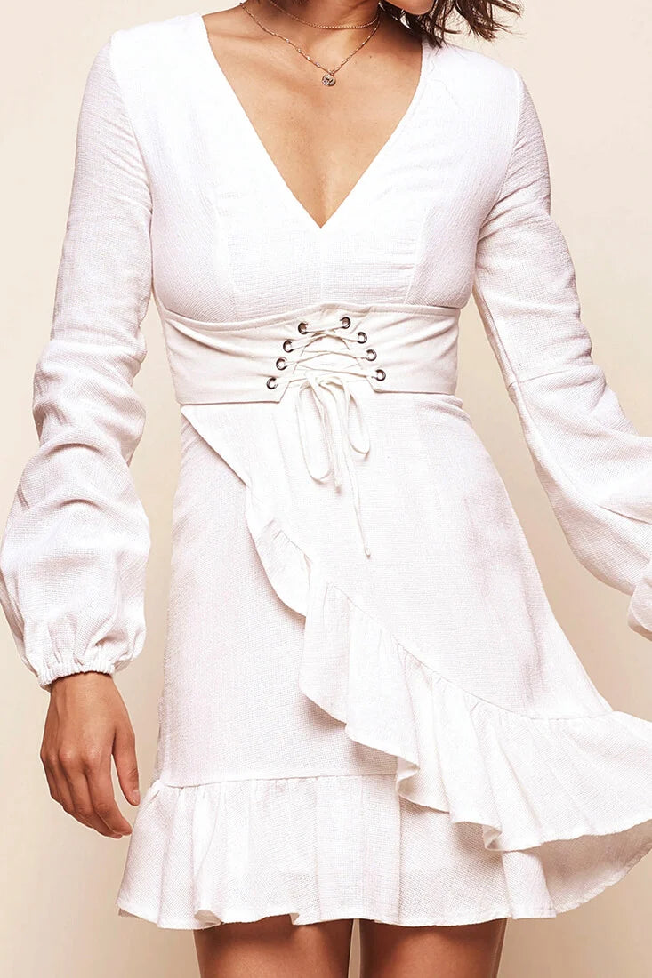Bennette Corset Waist Ruffled Dress White