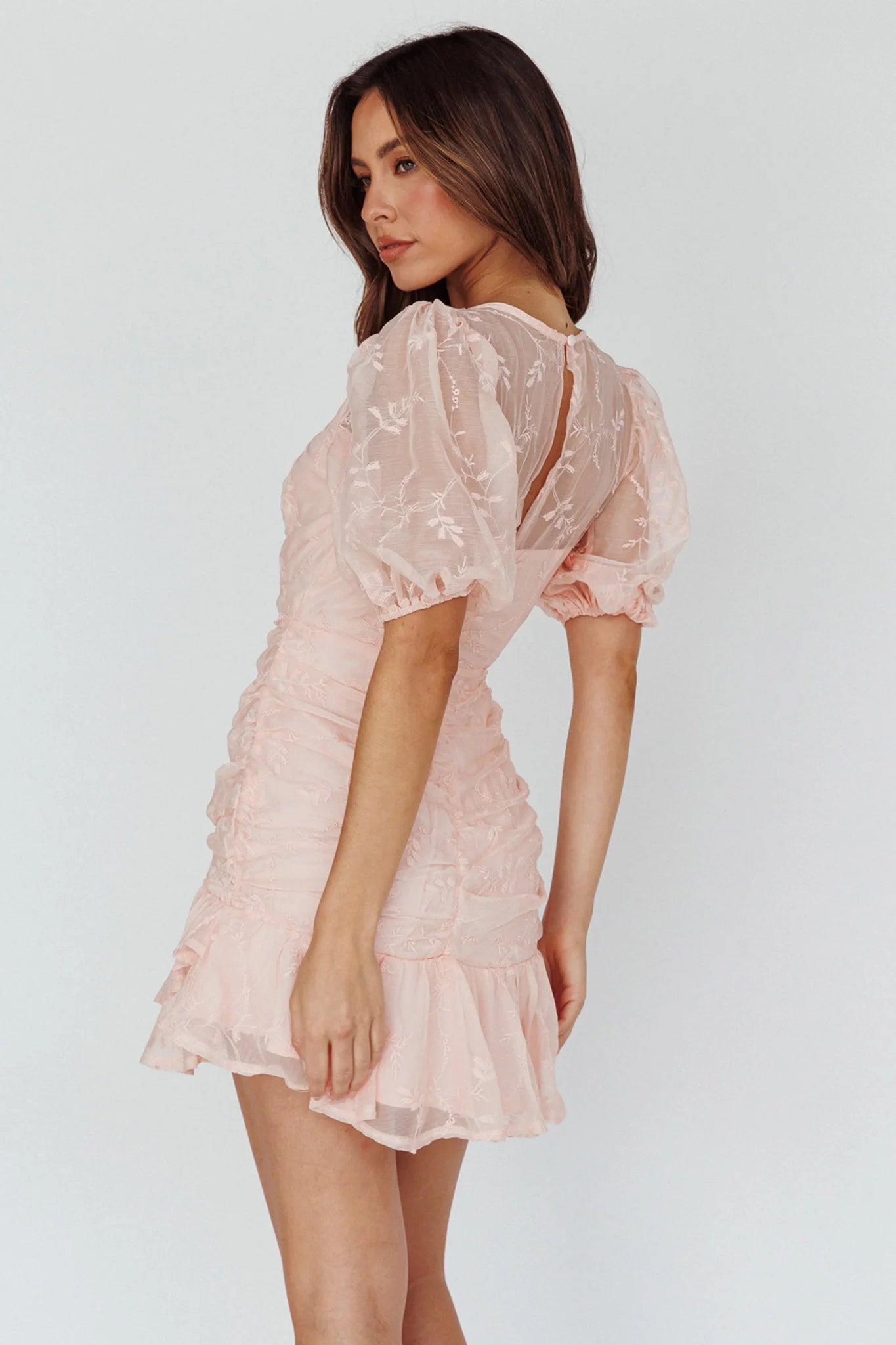 Cherry Blossom Puff Sleeve Wide Ruffle Hem Dress Pink
