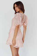 Cherry Blossom Puff Sleeve Wide Ruffle Hem Dress Pink