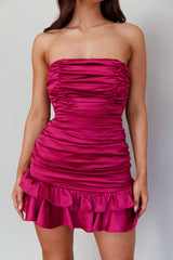 Annabella Strapless Tied Back Frill Hem Mini Dress Plum