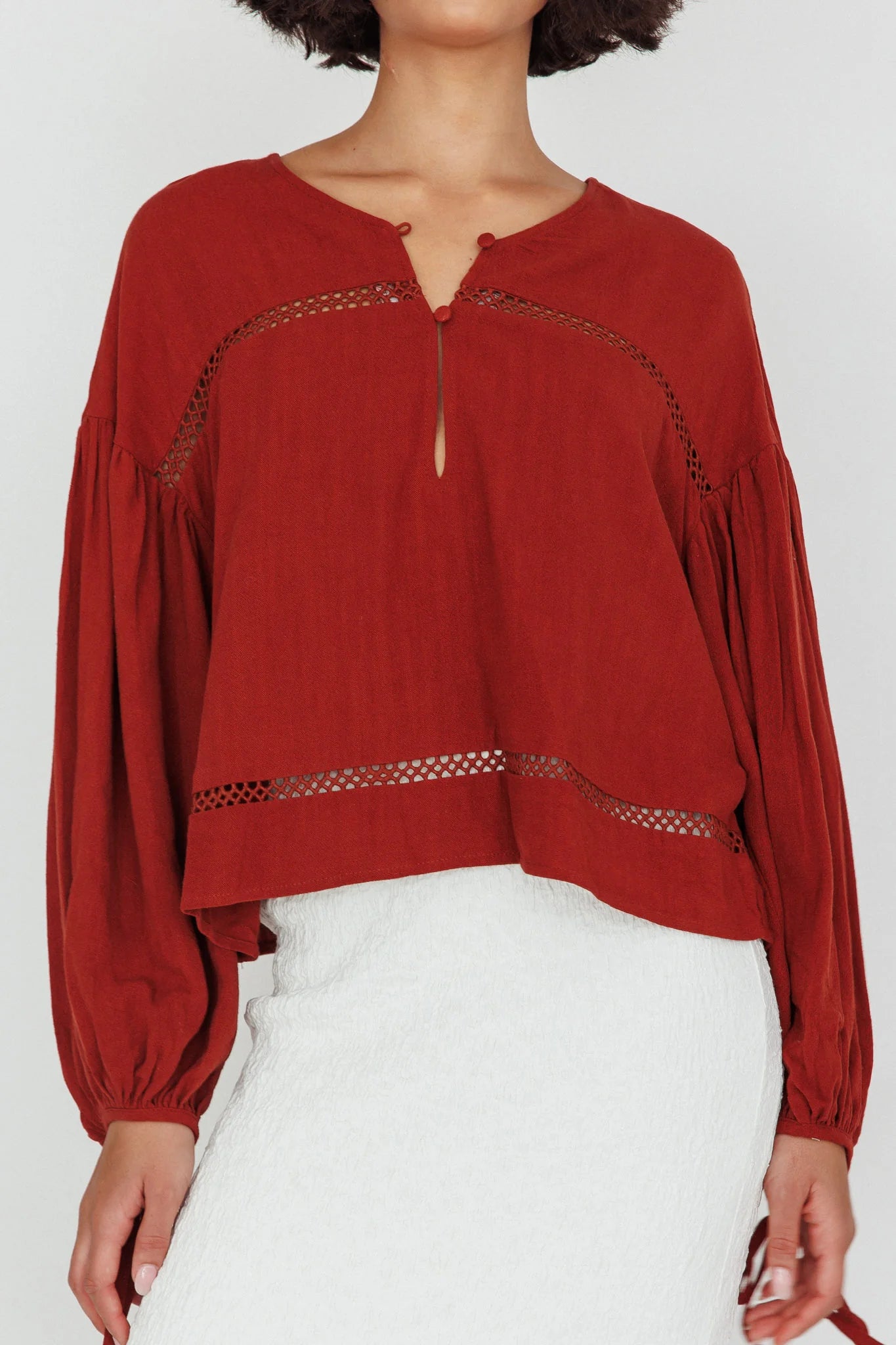 Waltz Long Sleeve Embroidery Trim Top Tobacco