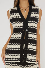 Maysah Button-Up Crochet Top Black/White