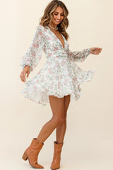 Jessinta Long Sleeve Pintuck Waist Dress Floral Print White