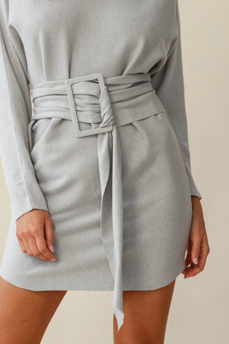 Lorelei Long Sleeve Wide Belt Knit Dress Grey