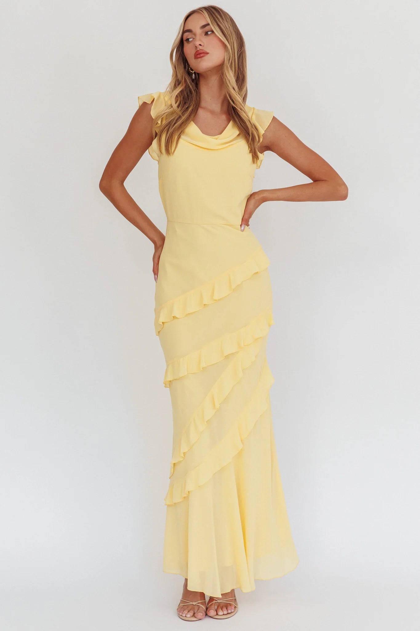 Sangria Cowl Neck Frill Maxi Dress Lemon