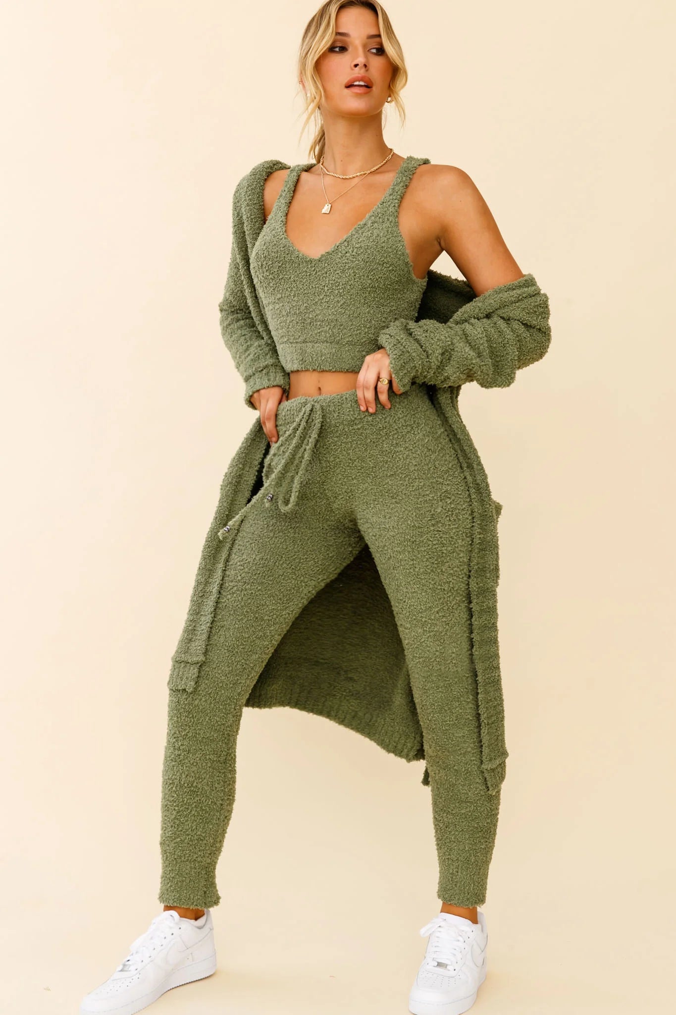 My Girl Fuzzy Knit Longline Pocket Cardigan Sage