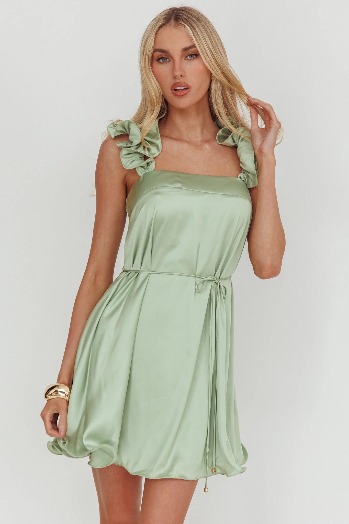 Glow Lettuce Edge Strap Mini Dress Pistachio