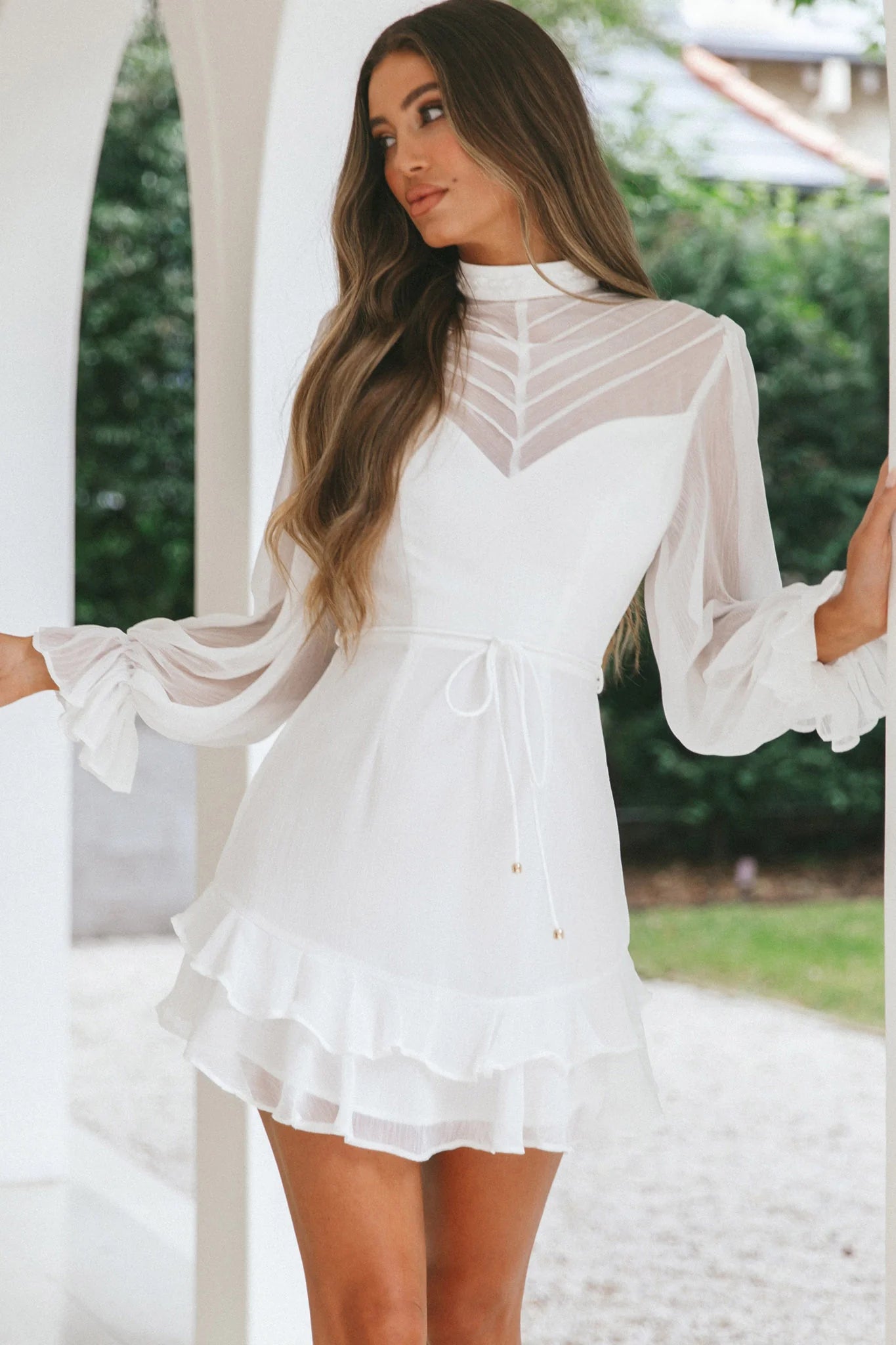 Lark High Neck Balloon Sleeve Dress White