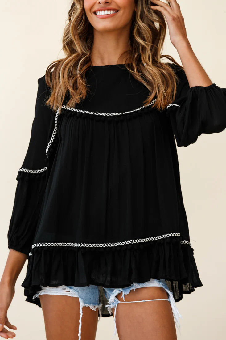 Marionette Three-Quarter Sleeve Pom-Pom Top Black