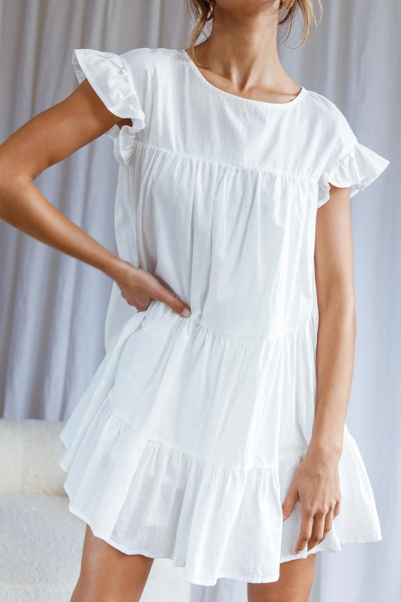 Hyacinth Ruffle Sleeve Smock Dress White
