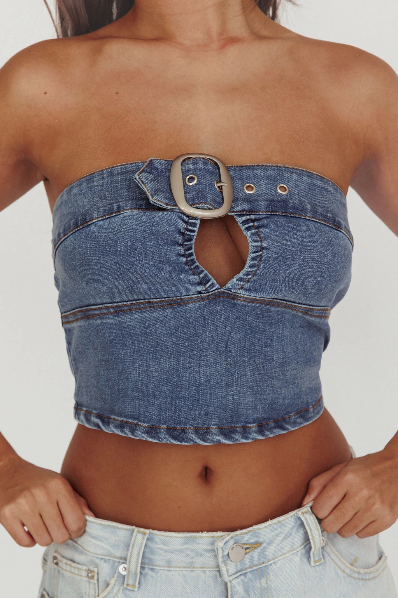 Olympus Strapless Denim Cropped Top Medium Blue
