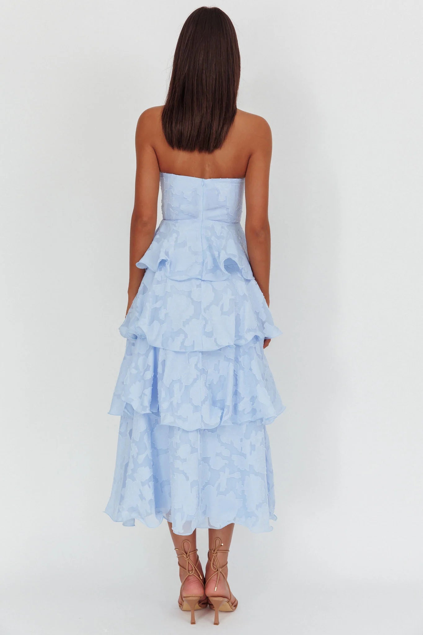 Giavana Strapless Layered Midi Dress Floral Embossed Blue