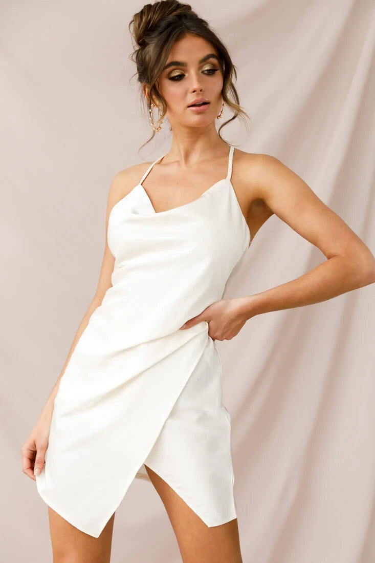 Hey Girl Cowl Neck Wrap Front Dress White