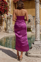 Gianna Strapless Ruched Bust Midi Dress Plum