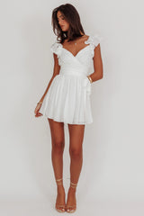 Lola Ruffle Shoulder Ruched Dress White