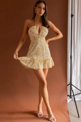 Date Night Drawstring Bust Mini Dress Floral Yellow
