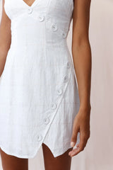 Bijoux Faux Placket Tied Shoulder Dress Square Stitch White