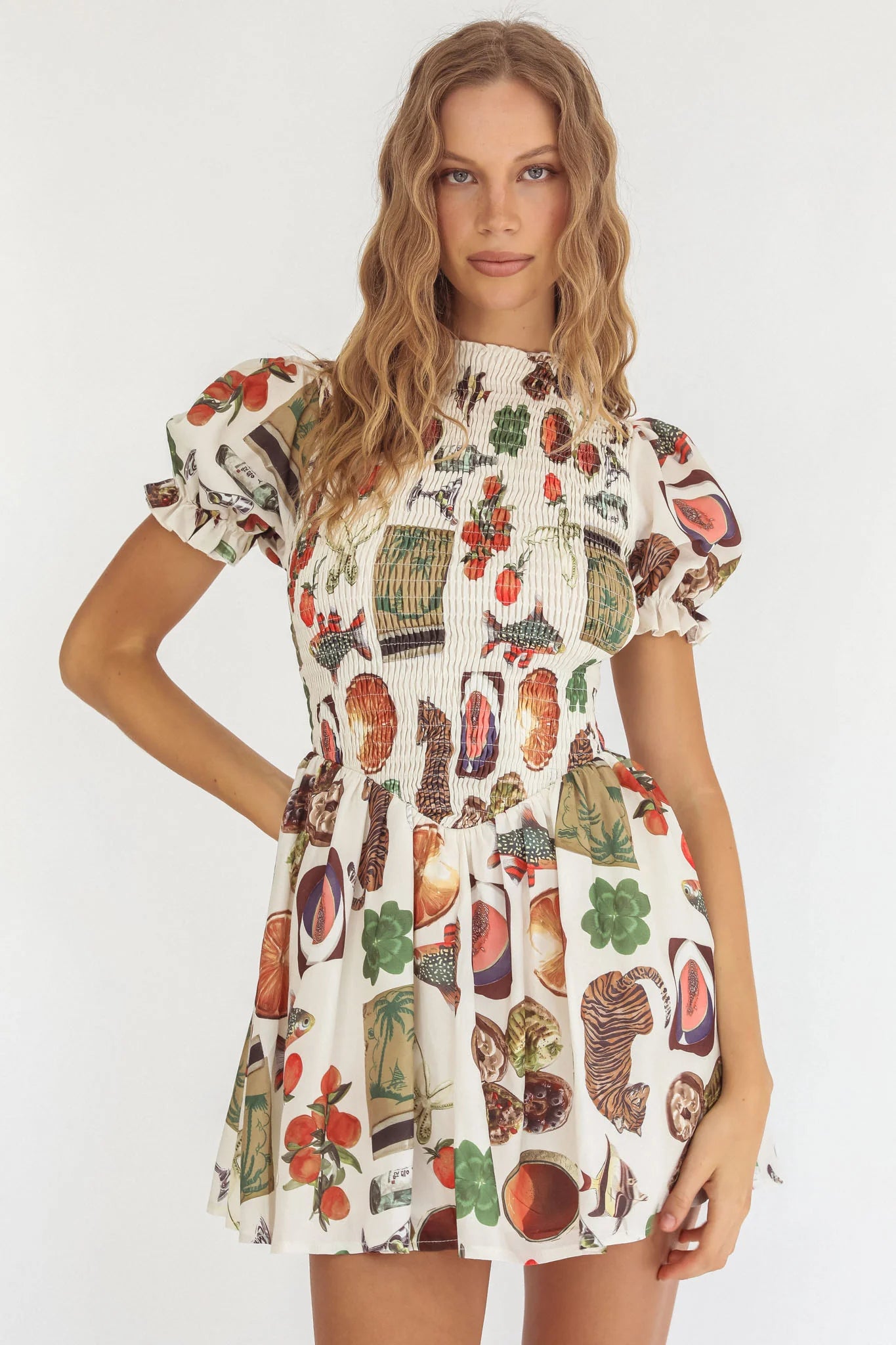 Nia Shirred Puff Sleeve Mini Dress Exotic Print Beige