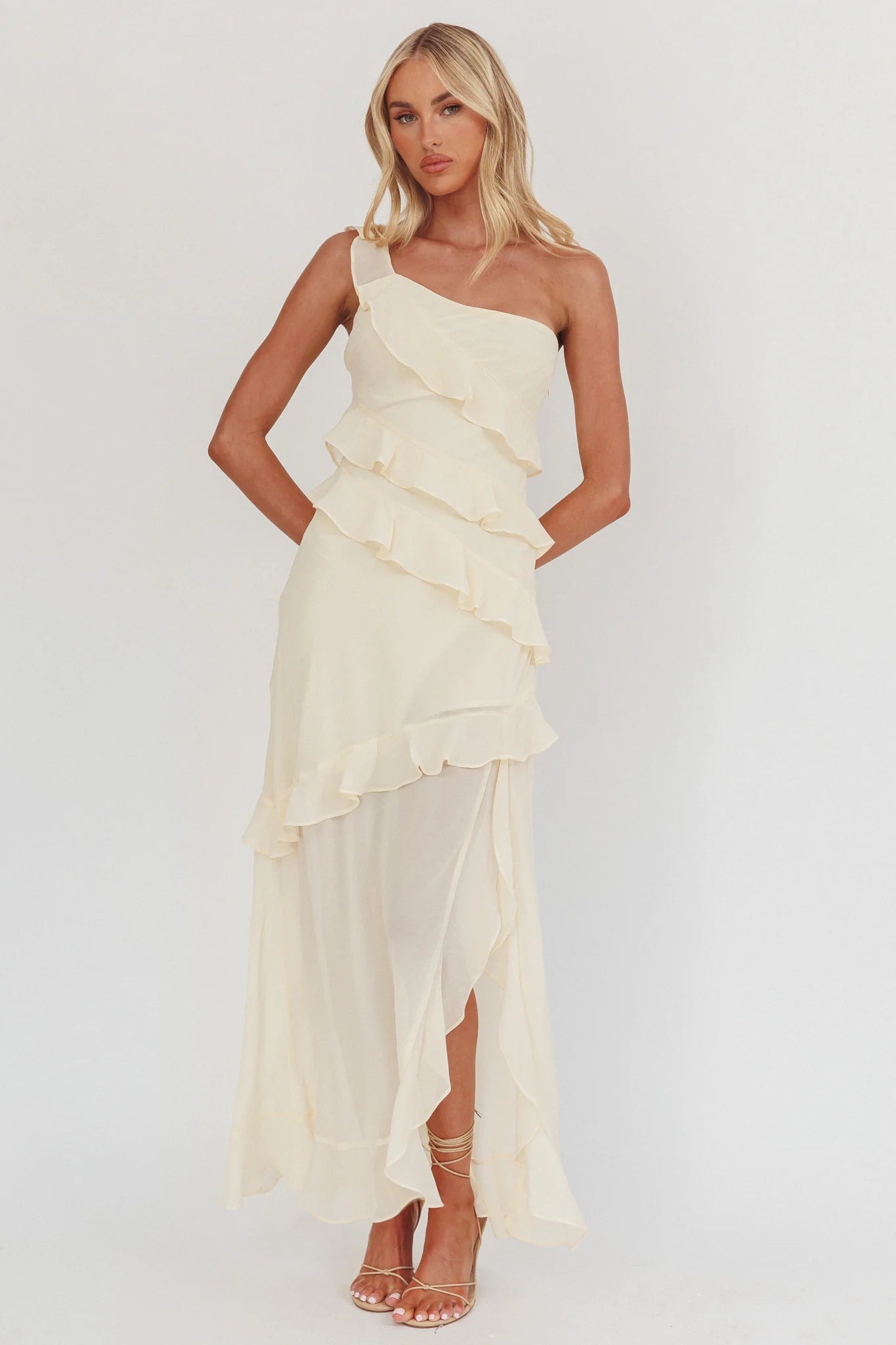 Gelina One-Shoulder Frill Trim Maxi Dress Butter