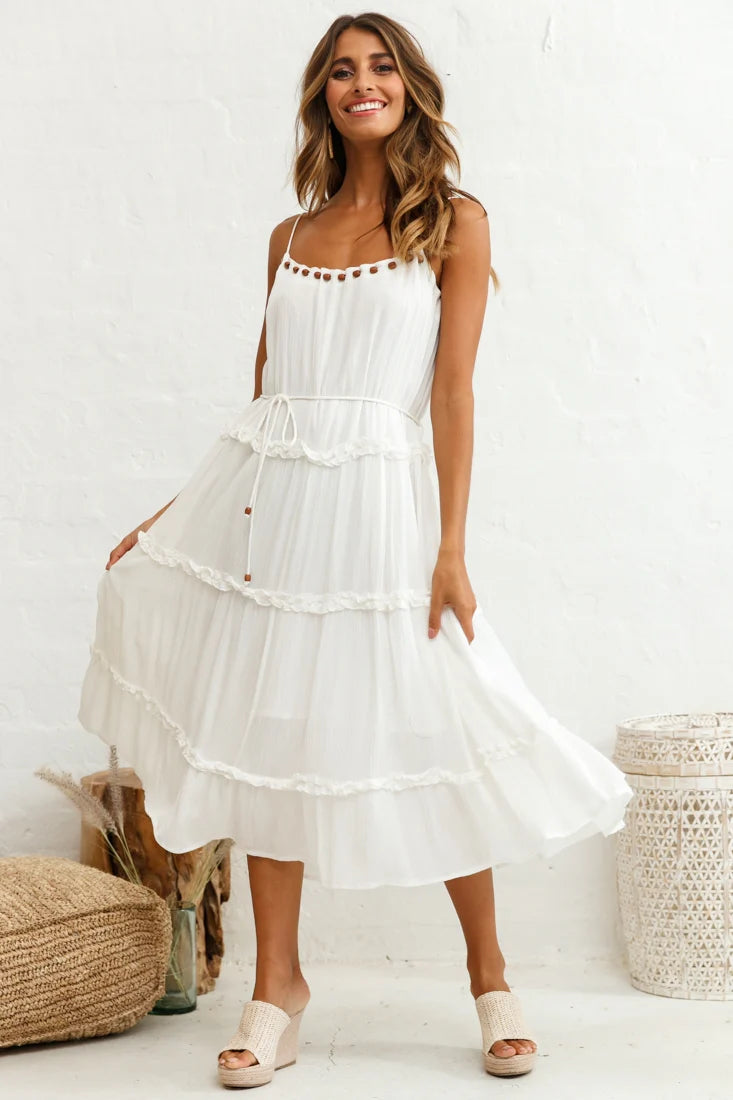 Daybreak Frill Trim Wooden Bead Midi Dress White