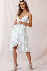 Blessed Wrap Ruffle Hem Midi Dress Dot Print White
