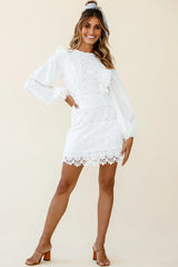 Gracious Long Sleeve Floral Lace Accent Dress White