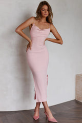 Frieda Cowl Neck Side Split Ribbed Midi Dress Blush