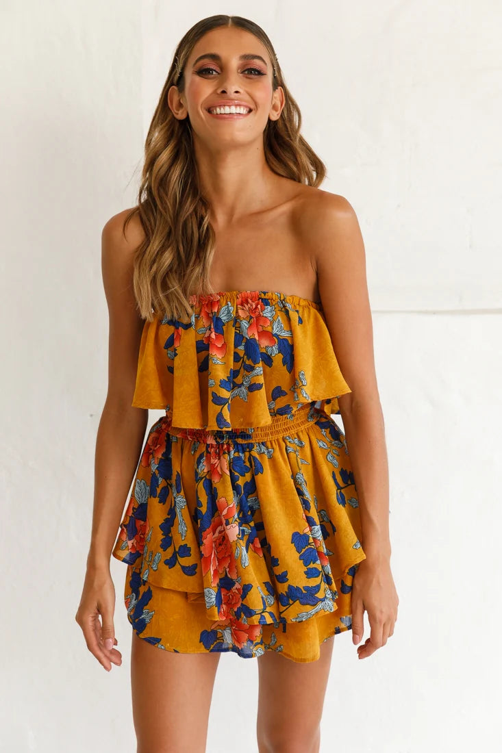 Skylar Dressy Tube Top Romper Yellow Mustard