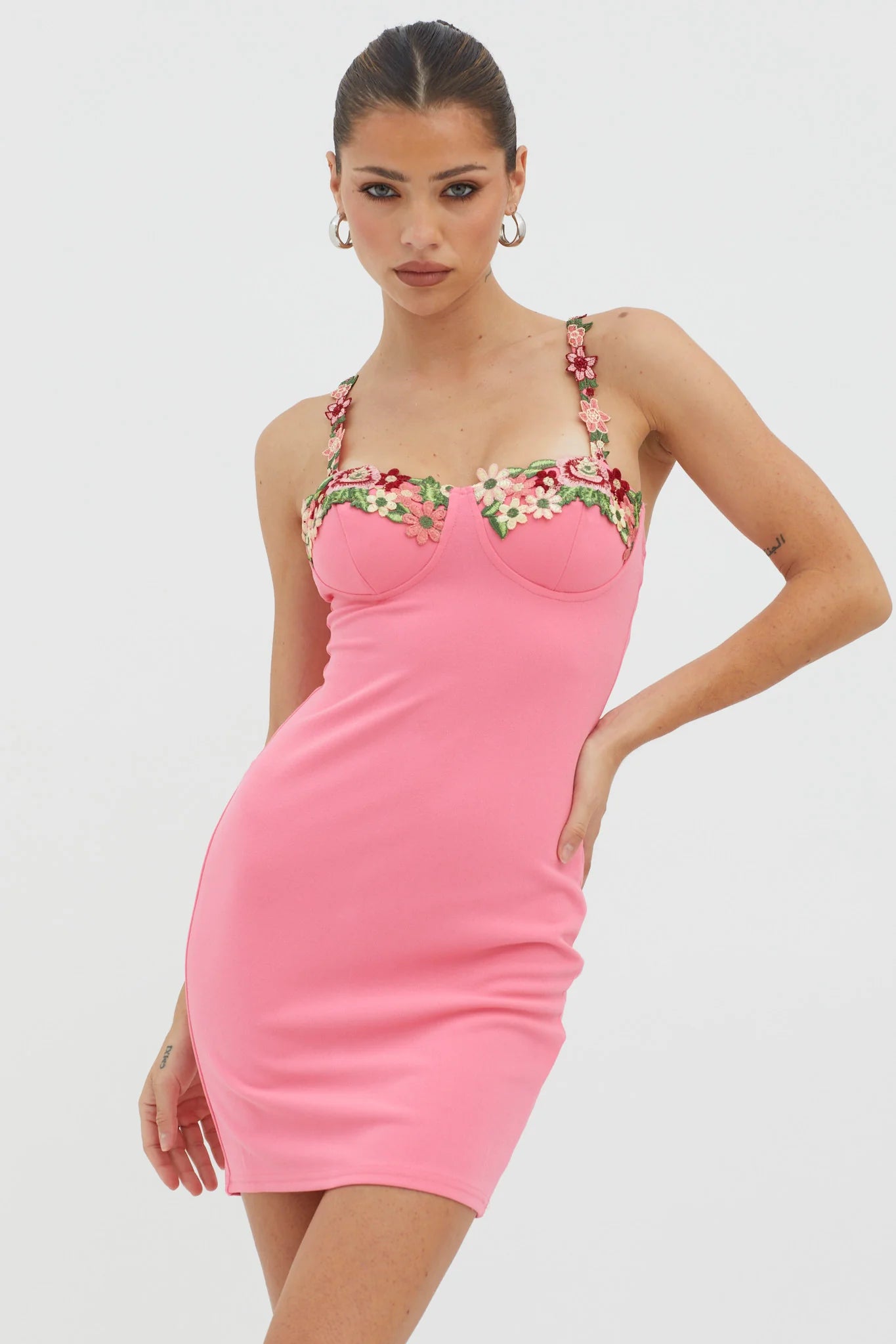 Rose Garden Floral Applique Bodycon Mini Dress Hot Pink