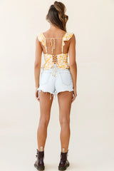 Eyes On The Prize Lace-Up Back Ruffle Crop Top Floral Print Yellow