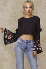 Normani Floral Bell Sleeved Crop Top Black