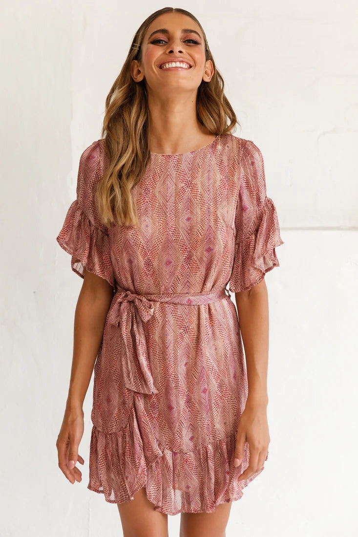 Azealia Ruffle Hem Dress Diamond Print Wine