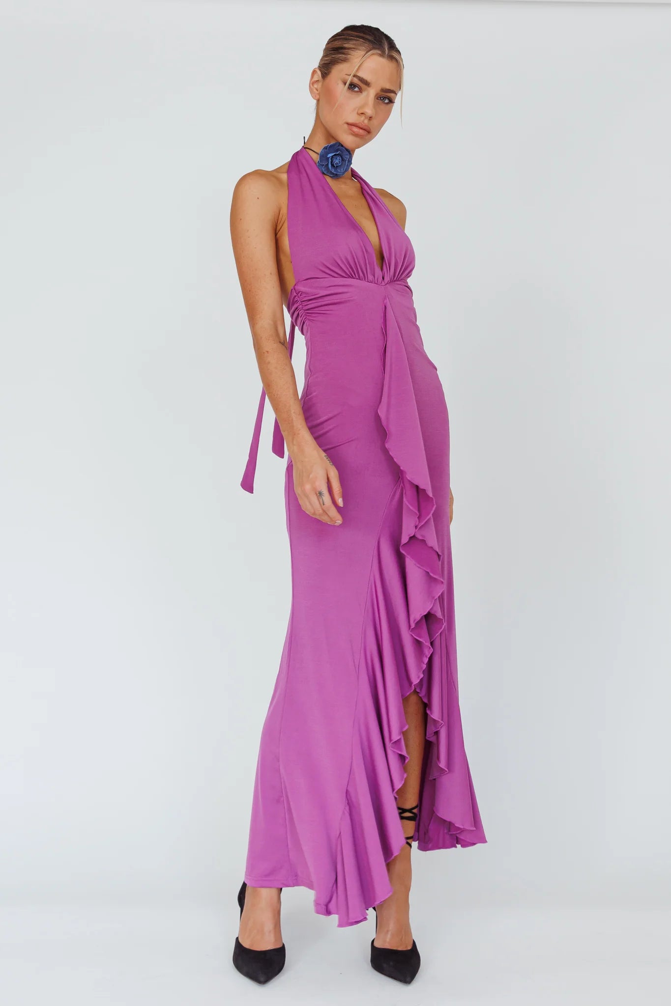 Zaphirah Halterneck Ruffle Dress Magenta