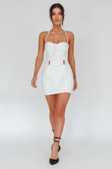 Harli Ruched Drawstring Keyhole Mini Dress White
