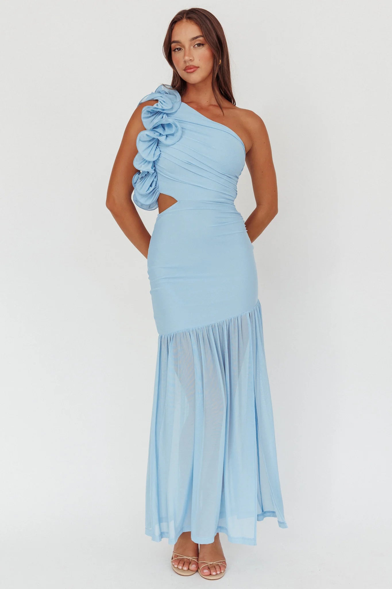 Deanna One-Shoulder Sheer Hem Maxi Dress Blue