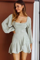 Beaujolais Long Sleeve Cowl Neckline Ruffle Satin Mini Dress Pistachio