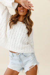 Misty Eyed Long Sleeve Ribbed Knit Sweater Cream