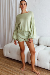 Modesto Drawstring Waist Pom Pom Trim Knit Shorts Apple