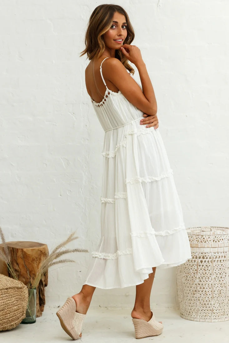 Daybreak Frill Trim Wooden Bead Midi Dress White