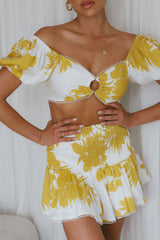 Escape With Me Shirred Mini Skirt Printed Mustard